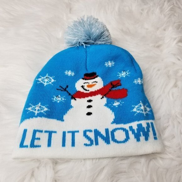 Let It Snow! Blue White Flashing Lights Pom Pom Knit Beanie Hat Kids OS - Picture 1 of 5